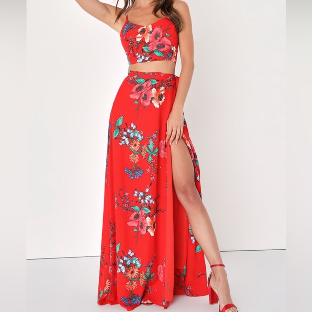Lulus Bloom With A View Red Floral Print Two Piece Maxi Dress, Size XS